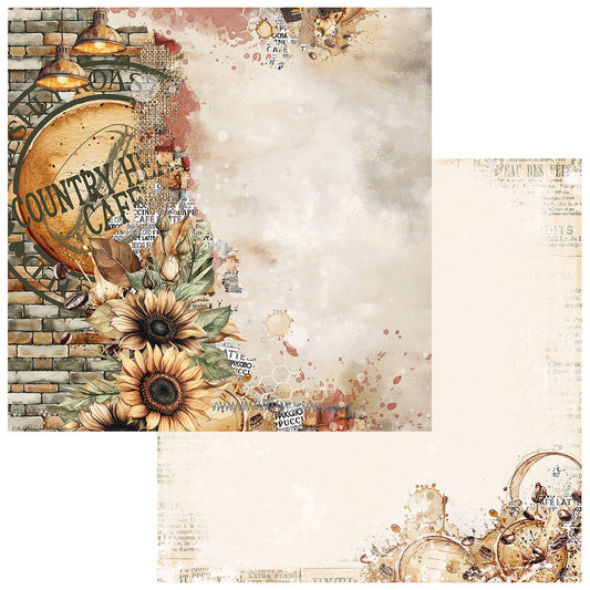 Design paper with 'Country Cafe' text, sunflowers, and rustic elements on a textured background.