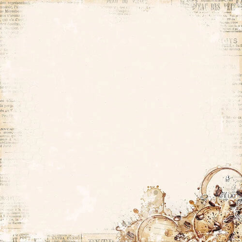 Vintage-style beige background with faint old newspaper text and decorative brown ink splashes and circular motifs concentrated in the lower right corner.