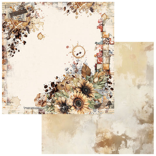 Decorative paper sheet with floral design and vintage elements on a textured background