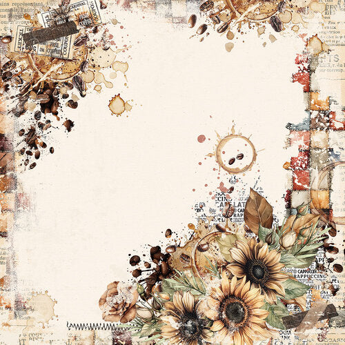 A vintage-style scrapbook paper or digital background design featuring sunflowers, coffee beans, stamps, and collage elements in warm brown, beige, and muted orange tones around the edges, leaving a blank cream center.