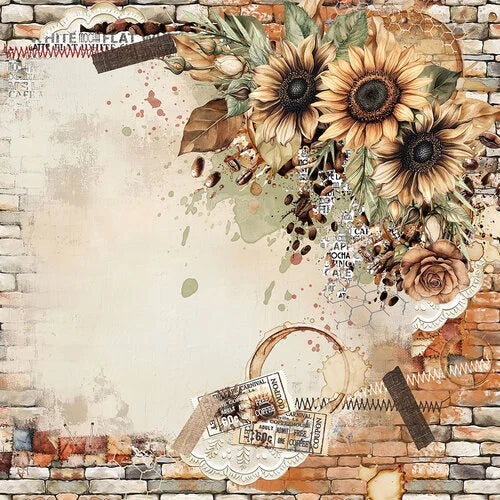 A rustic scrapbook paper or digital background design featuring sunflowers, a rose, coffee beans, lace, and vintage ticket elements arranged over a faux brick wall texture with a large blank cream space in the center.