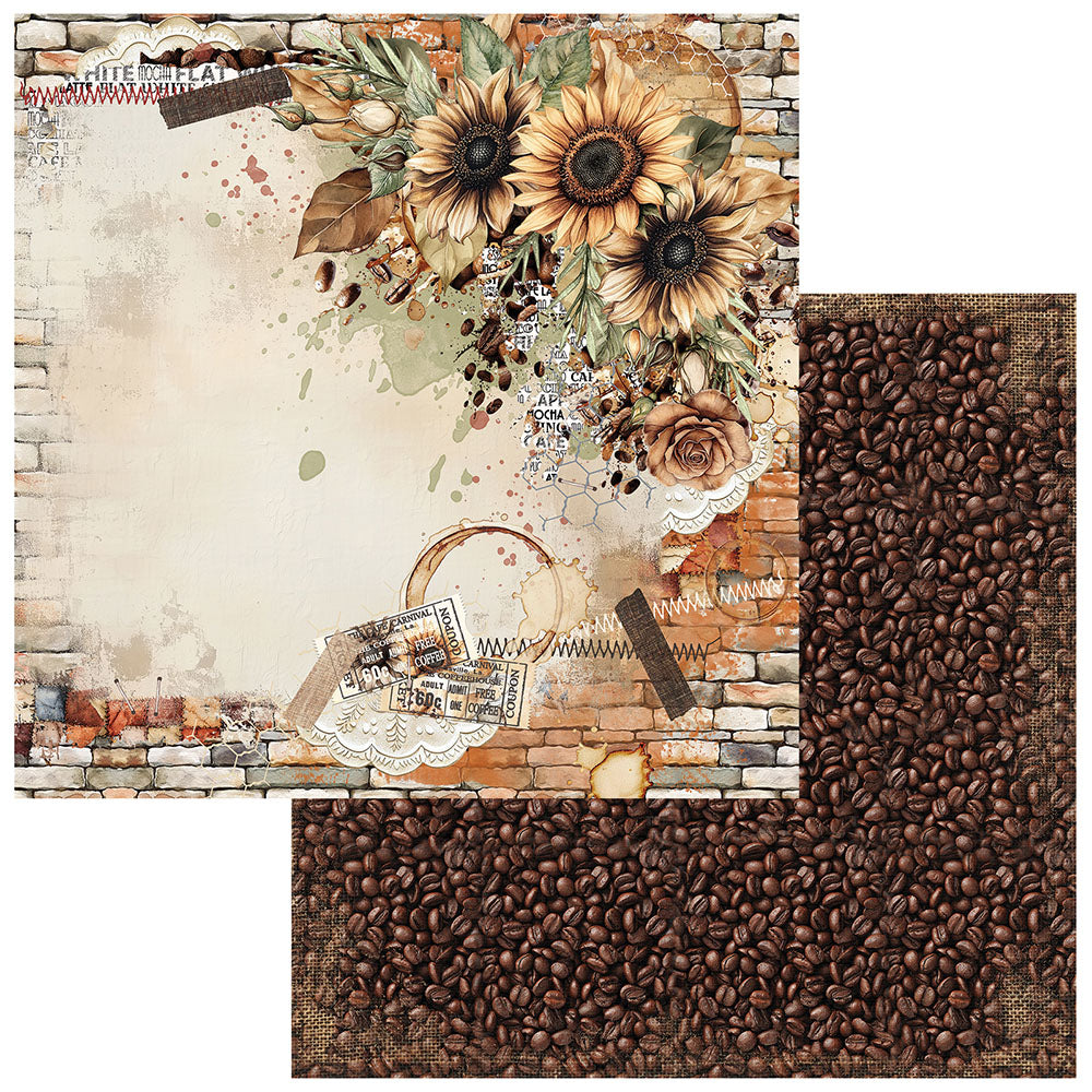 A scrapbook paper or craft pattern sheet shown in two overlapping views: one full design view featuring sunflowers, leaves, lace, stamps, and a rustic brick-and-stone background, and one close-up view showing a dense field of dark brown coffee beans on burlap.