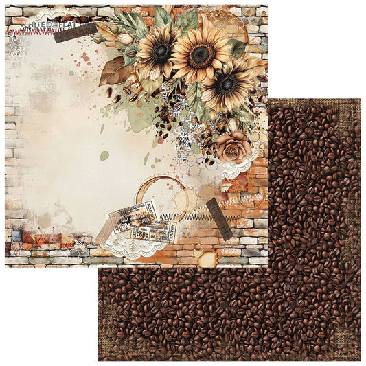 A scrapbook paper or craft pattern sheet shown in two overlapping views: one full design view featuring sunflowers, leaves, lace, stamps, and a rustic brick-and-stone background, and one close-up view showing a dense field of dark brown coffee beans on burlap.