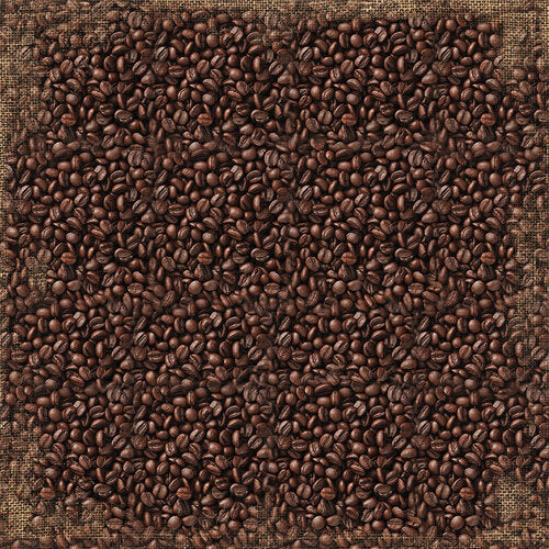 A close-up texture of roasted coffee beans filling the frame, with a rustic burlap-like border visible around the edges.