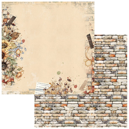 Two different textured paper designs side by side, one with floral and text pattern, the other with stone wall pattern.