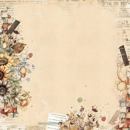 A vintage-style scrapbook paper or digital background design featuring a large blank beige center with distressed edges decorated with sunflowers, torn paper, ink splatters, and faded newspaper text.
