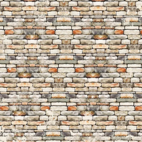 A close-up of a textured brick wall pattern with rectangular stones in beige, gray, brown, and muted orange tones.