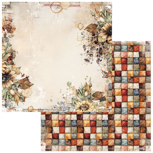 Decorative paper with floral design and checkered pattern on a textured background
