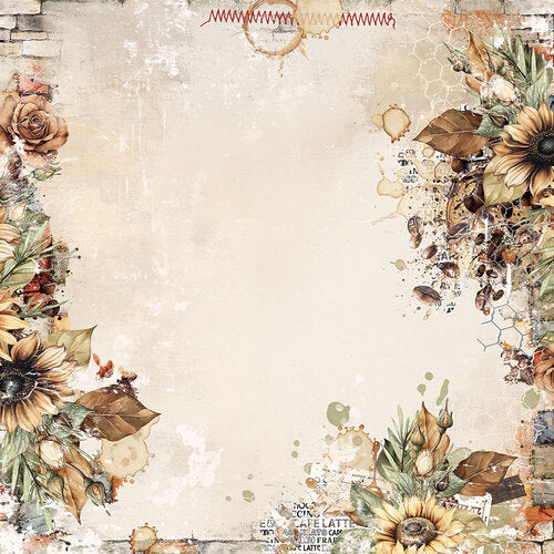 A vintage-style scrapbook paper or digital background design with a distressed cream center and floral sunflower borders in brown, beige, green, and muted red accents around the edges.