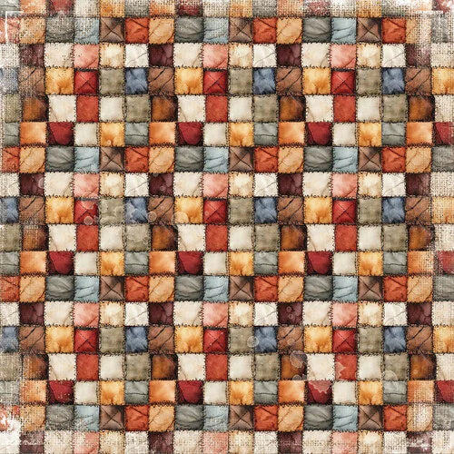 A square patchwork fabric design featuring a grid of small quilted squares in warm and cool tones including rust red, terracotta, beige, brown, gray, and muted blue, with a distressed stitched texture.