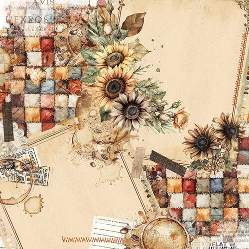 A vintage-style scrapbook paper or collage design featuring sunflowers, watercolor textures, patchwork squares, stamps, and aged paper elements on a warm beige background.