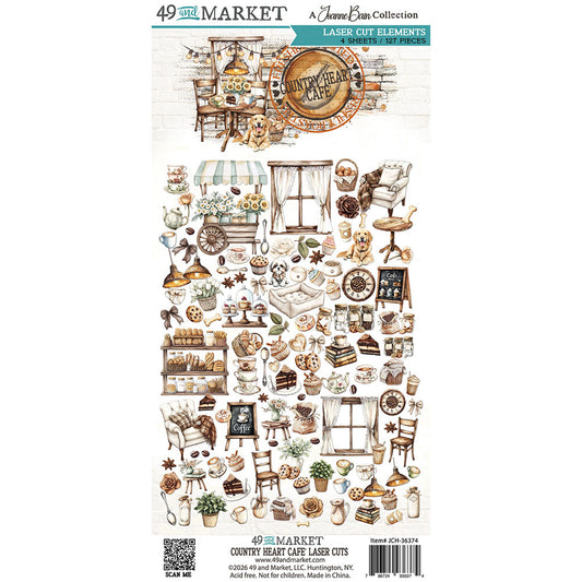 A 49 and Market by Joanne Bain Collection laser cut element sheet featuring rustic country-themed illustrations like a cafe table, chairs, windows, shelves, and small decorative objects, shown on a white background.