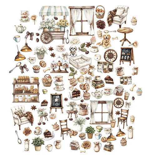 A sheet of vintage-style illustrated laser cuts featuring a cozy tea-time and cafe collection, including chairs, windows, carts, cakes, pastries, teapots, and books, all in muted sepia and cream tones on a white background.