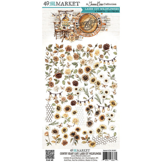 A sheet of 49 and Market 'Country Heart Cafe' laser cut wildflowers stickers, featuring illustrations of sunflowers, roses, daisies, and wildflowers in a rustic cafe-themed design.