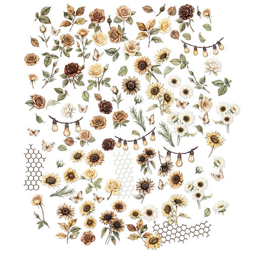 A sheet of floral nail art decals featuring sunflowers, roses, bees, butterflies, honeycomb patterns, and string lights on a white background.