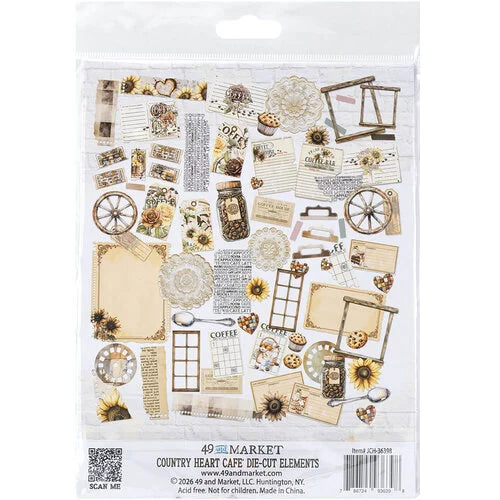 A packaged sheet of scrapbook and craft die-cut stickers featuring a rustic country heart theme. The stickers include vintage hearts, handwritten letters, frames, sunflowers, jars, and decorative elements in warm beige, brown, and cream tones, all sealed in a clear plastic bag with branding at the bottom.