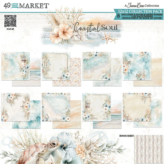 Collection of paper sheets with coastal-themed designs on a white background, featuring flowers, shells, and other nature elements.