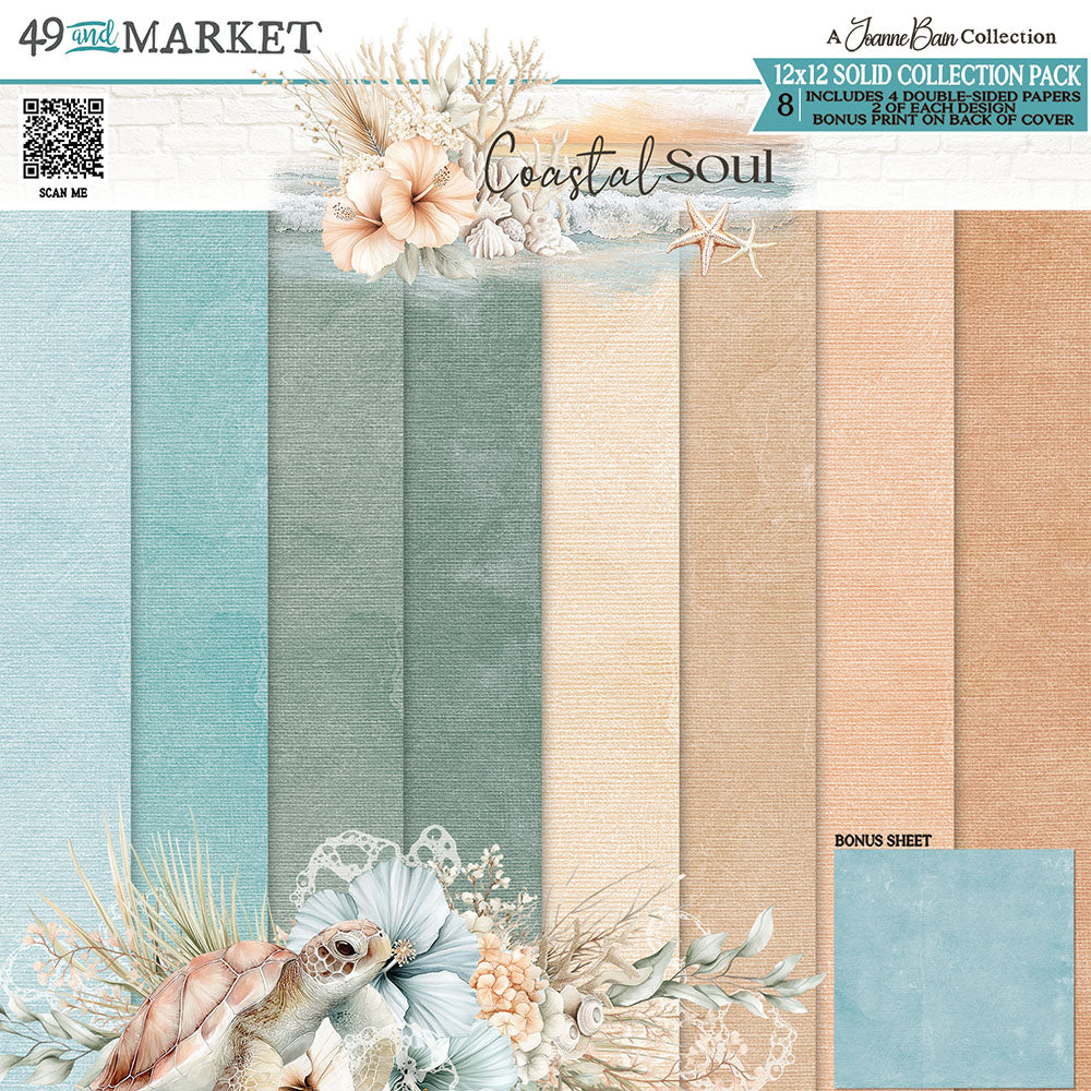 Collection of 12x12 solid paper sheets with coastal-themed designs and textures.