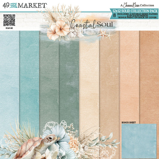 Collection of 12x12 solid paper sheets with coastal-themed designs and textures.