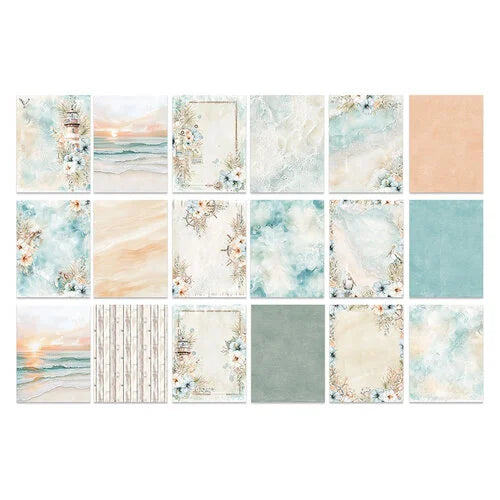 A grid of 15 6" x 8" decorative papers  arranged on a white background. The designs feature soft beach, ocean, floral, and neutral patterns in pastel tones including aqua, beige, peach, and gray.