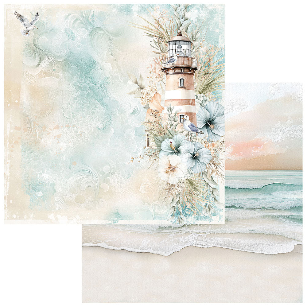 Lighthouse surrounded by flowers and birds with a soft color palette