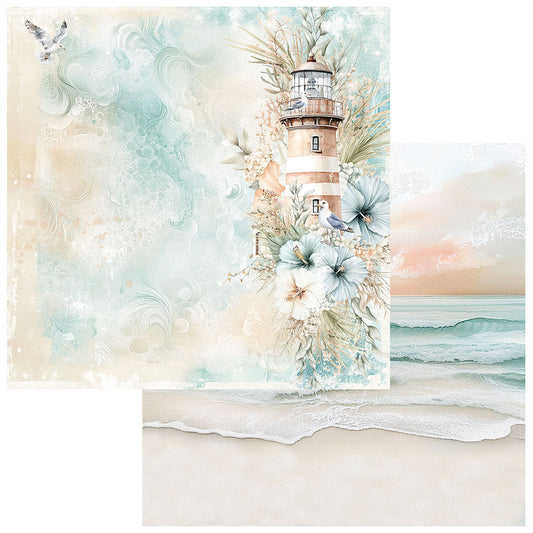 Lighthouse surrounded by flowers and birds with a soft color palette