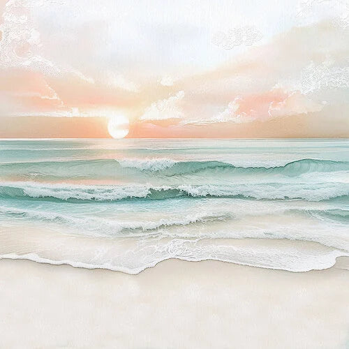 A serene beach seascape artwork showing soft turquoise waves rolling onto pale sandy shore under a glowing sun and pastel sky with clouds.