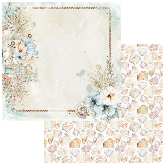 A decorative scrapbook paper or cardstock design shown on a white background, featuring a large central cream panel with a distressed border and floral corner accents, plus two smaller patterned swatches below showing a repeating shell motif in soft beige, pink, and blue tones.