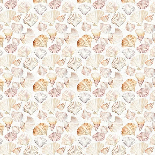 A seamless repeating pattern of hand-painted seashells in soft pastel shades of beige, cream, and light pink on a white background.