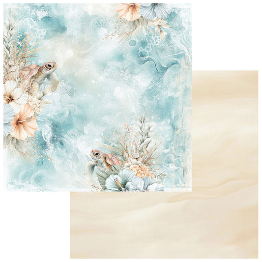 Underwater scene with turtles and floral elements on a blue and beige background