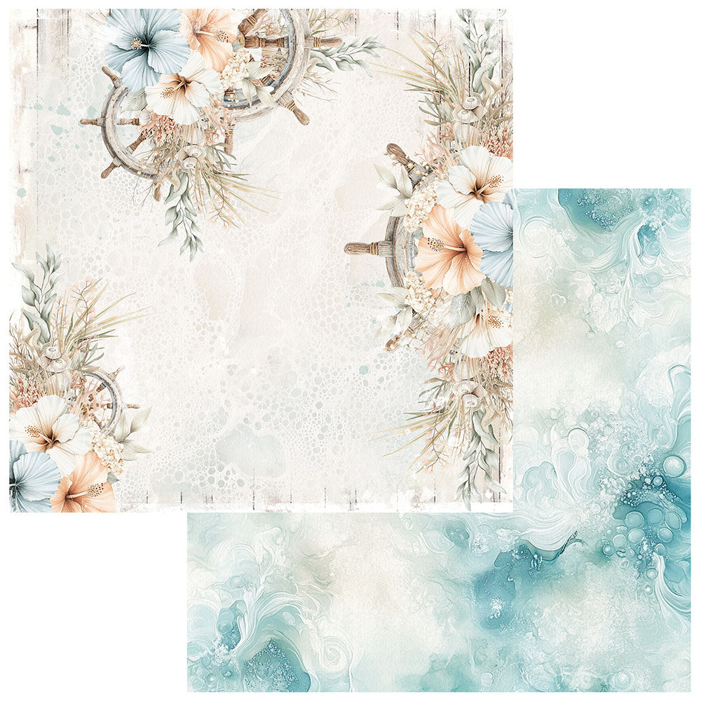 Two decorative paper design swatches shown on a white background: one with a nautical floral corner motif in cream, beige, peach, and pale blue, and one with a soft aqua and white marbled pattern.