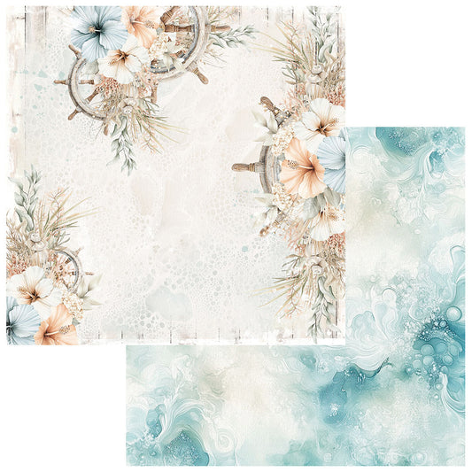 Two decorative paper design swatches shown on a white background: one with a nautical floral corner motif in cream, beige, peach, and pale blue, and one with a soft aqua and white marbled pattern.