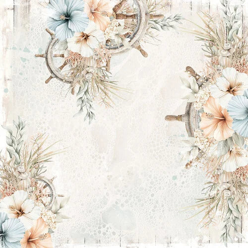 A nautical-themed decorative graphic with two vintage ship's wheels and floral arrangements in soft pastel tones, set on a distressed white wood background with lace-like overlay details.