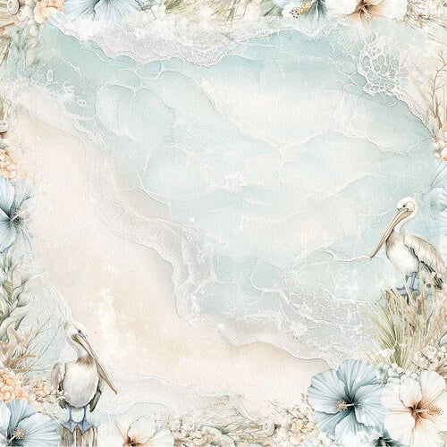 Decorative design with pelicans and floral elements on a textured background