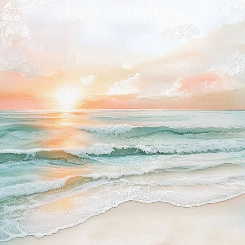A soft pastel seascape artwork showing gentle ocean waves rolling onto a sandy shore under a glowing sunrise or sunset sky with peach, pink, and cream tones.