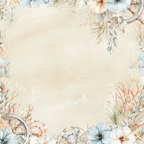 A 12x12 scrapbooking paper with a large blank beige center and an illustrated floral and nautical border in soft pastel tones, including blue flowers, coral, shells, and small crabs.