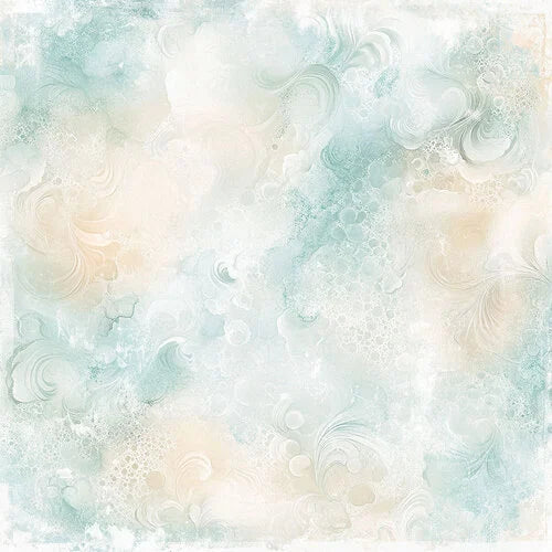 A 12x12 scrapbooking paper featuring a soft, textured watercolor design in pastel shades of mint green, cream, and light peach with delicate swirling patterns.