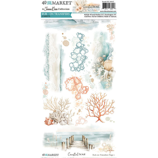 A sheet of sublimation transfers from 49 and Market's Coastal Soul Collection, featuring watercolor designs of coral reefs, seashells, bubbles, and a wooden dock over water.