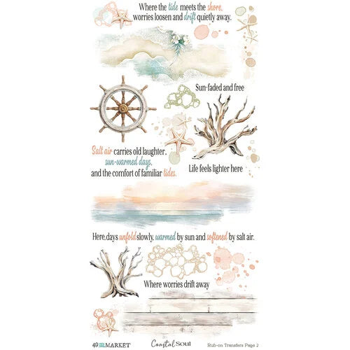 A sheet of sublimation transfers from 49 and Market's Coastal Soul Collection, featuring watercolor designs of coral reefs, seashells, bubbles, and a wooden dock over water.