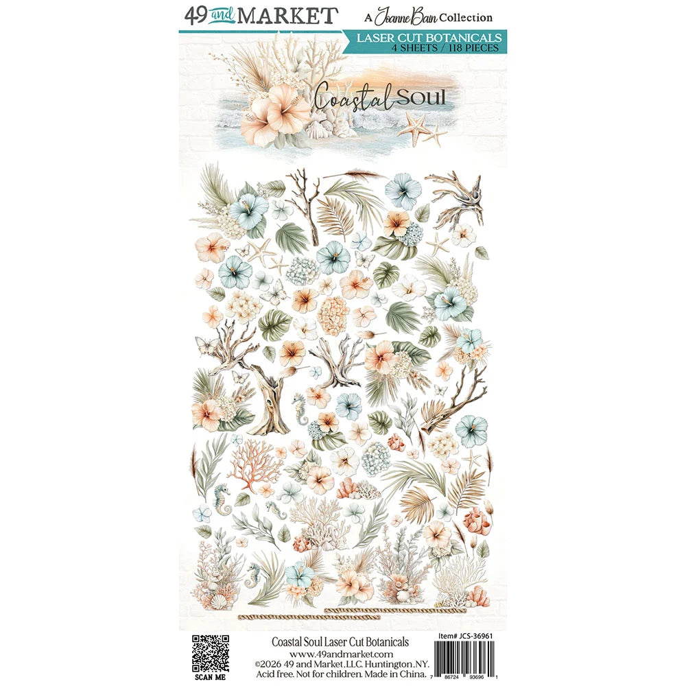 Coastal Soul Laser Cut Botanicals clear stamp sheet from Jane Doe Design Collection by 49 and Merlot, featuring a collection of delicate botanical illustrations in soft pastel colors on a white background.