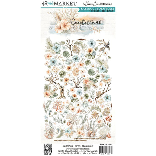 Coastal Soul Laser Cut Botanicals clear stamp sheet from Jane Doe Design Collection by 49 and Merlot, featuring a collection of delicate botanical illustrations in soft pastel colors on a white background.