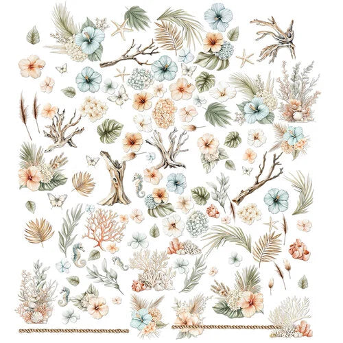 A sheet of decorative nail art stickers featuring a bohemian beach theme with illustrations of flowers, palm leaves, starfish, seashells, and driftwood on a white background.