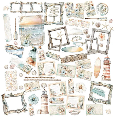 A collage of nautical-themed decorative paper elements and frame designs on a white background, including beach scenes, shells, starfish, lighthouses, driftwood frames, seashells, rope borders, and small maritime illustrations.