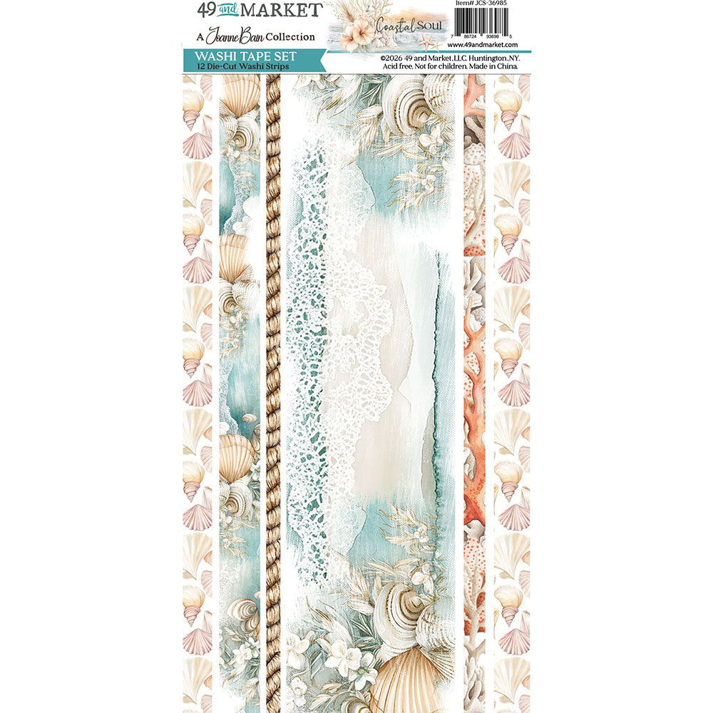 A 49 and market 6 x 12 sheet of washi from Joan Bain's Coastal Soul Collection. The set features various vertical strips with seashell, rope, lace, and beach-themed patterns in soft pastel colors of beige, teal, white, and coral.