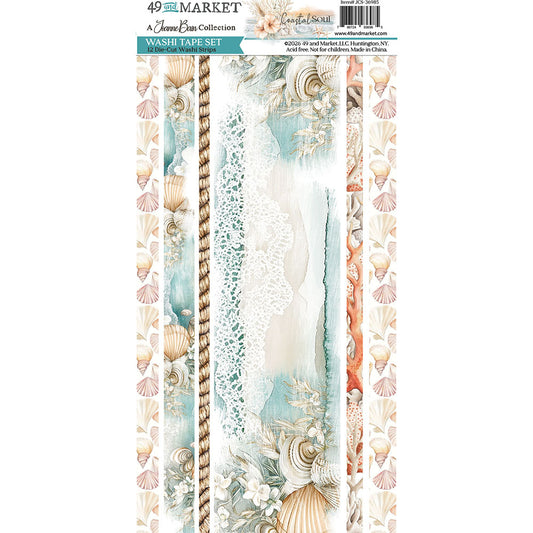 A 49 and market 6 x 12 sheet of washi from Joan Bain's Coastal Soul Collection. The set features various vertical strips with seashell, rope, lace, and beach-themed patterns in soft pastel colors of beige, teal, white, and coral.