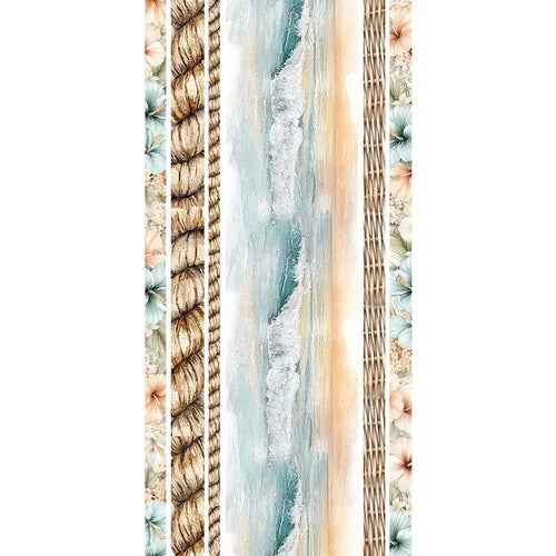A vertical beach-themed decorative washi sheet panel featuring a central ocean scene with turquoise water, white surf, pale sand, and fluted beige and floral side borders.