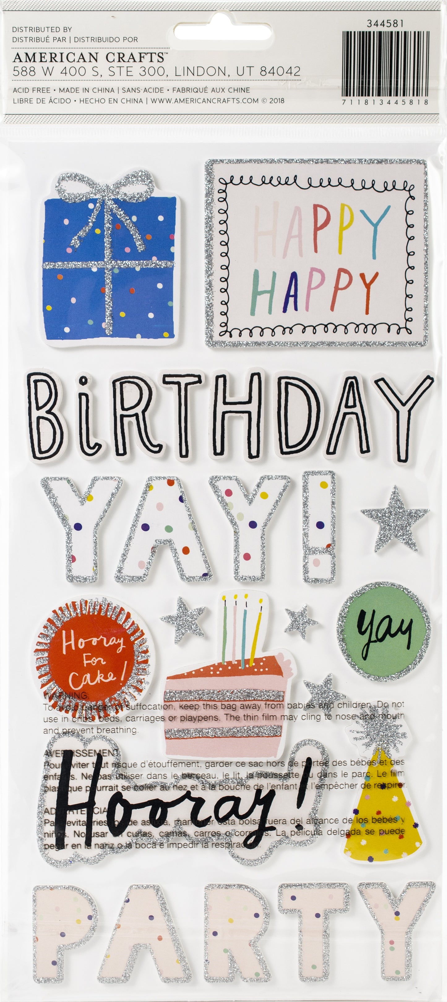 Packaging of American Crafts birthday-themed clear stamps with various designs and text.