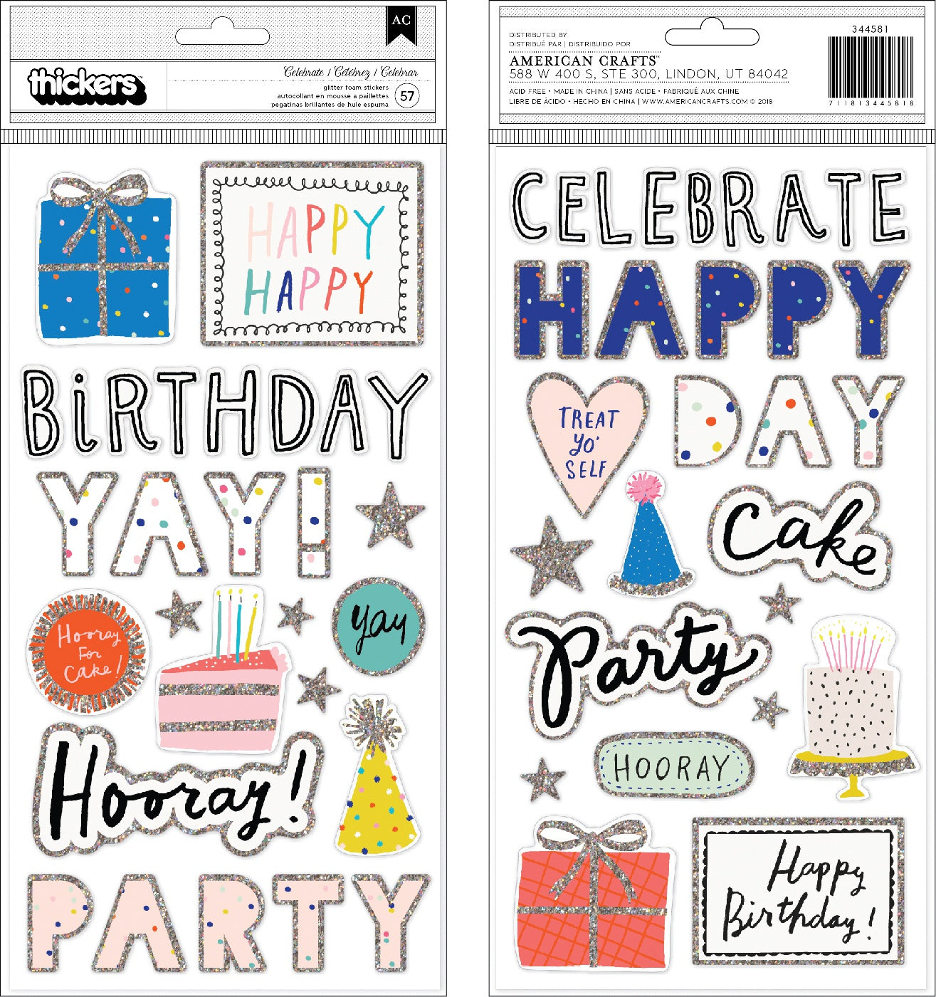 Decorative birthday-themed stickers with colorful text and graphics on a white background.