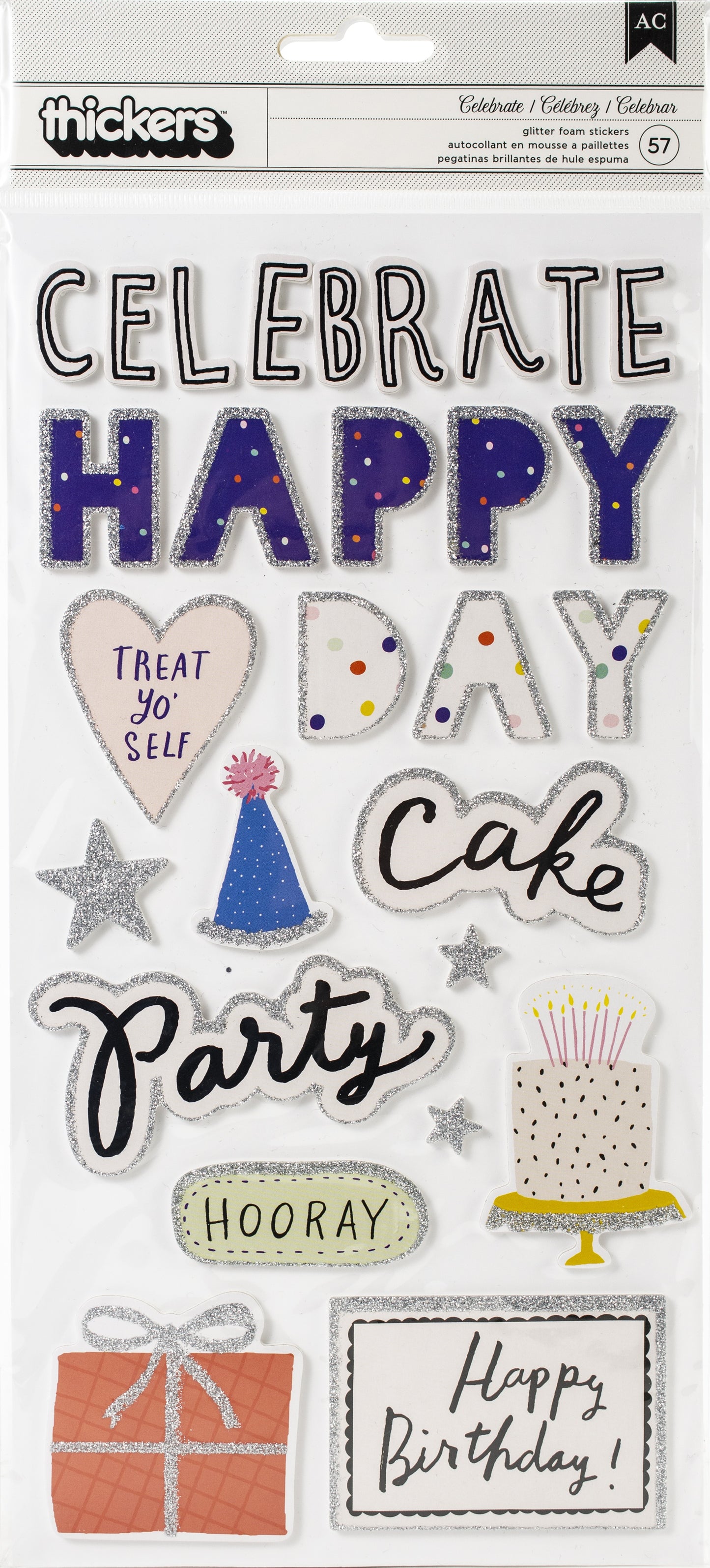 Decorative birthday-themed stickers with text and graphics on a white background.