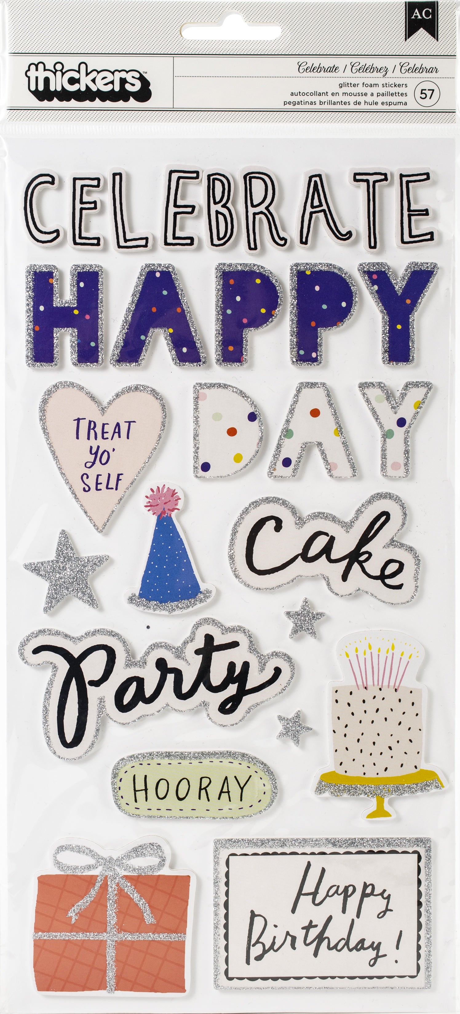 Decorative birthday-themed stickers with text and graphics on a white background.